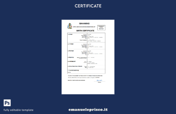 stile verificato Certificato di nascita dello stato di stato delle Bahamas Model